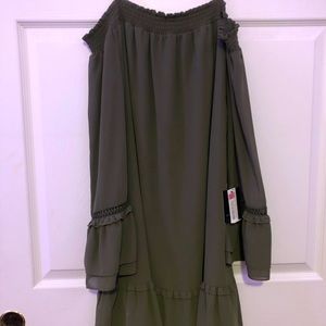 Green dress with off shoulder long sleeves with straps